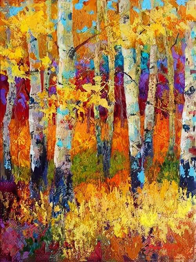 Arbres jaunes rouges texturés automne par Knife 06 Peintures à l'huile